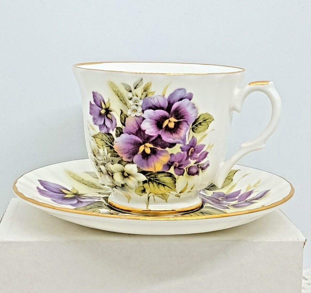Golden Crown E & R Purple Pansies Fine Bone China Cup & Saucer England